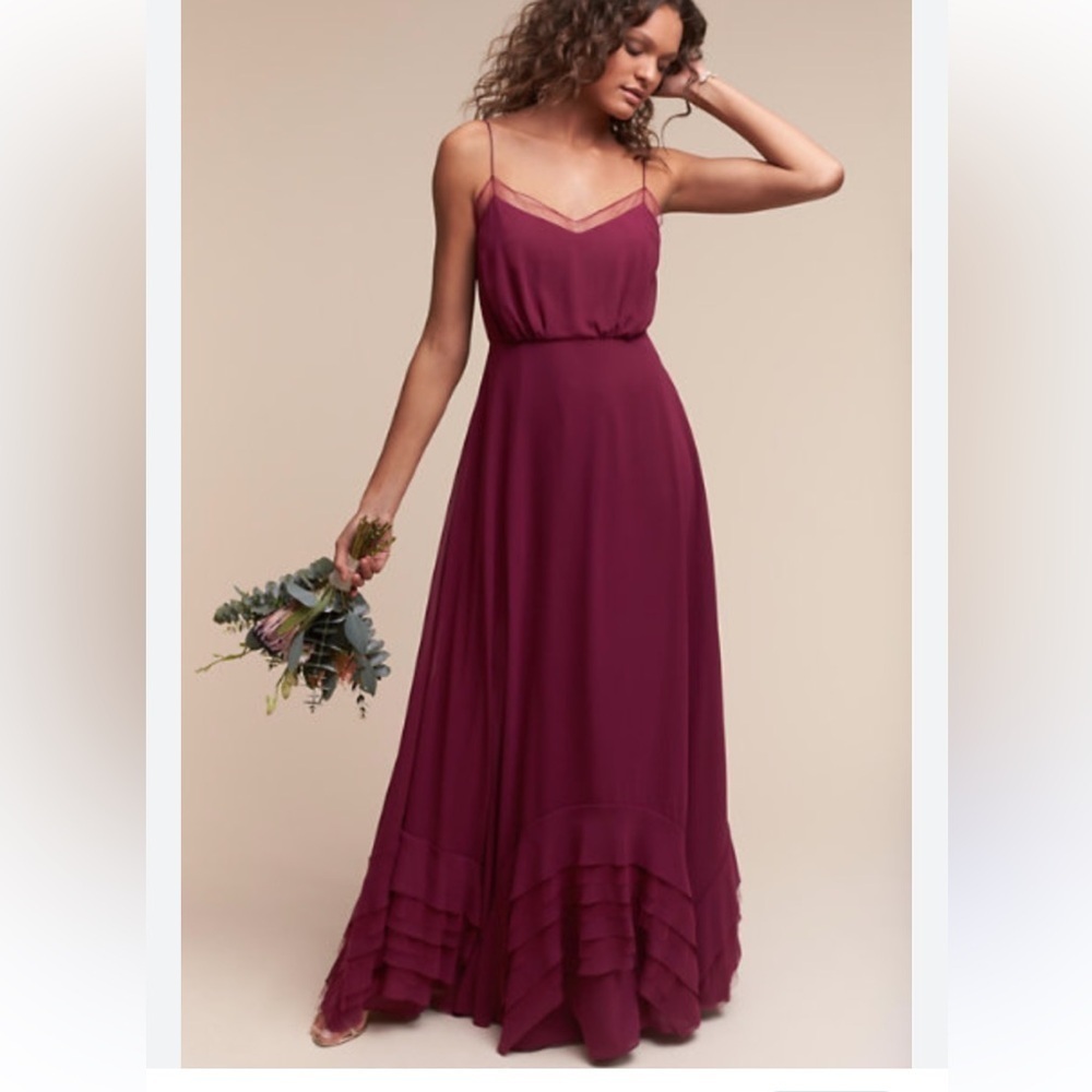 Watters Dove maxi Dress women 0 Elegant Burgundy gown event wedding ruffle hem - Picture 15 of 15